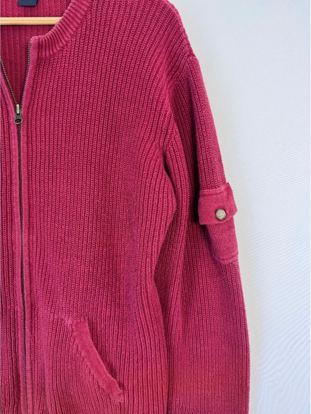 Woolrich Vintage Ribbed Full Zip Cardigan Cargo Pocket Sweater Womens XL Ruby - Picture 2 of 10